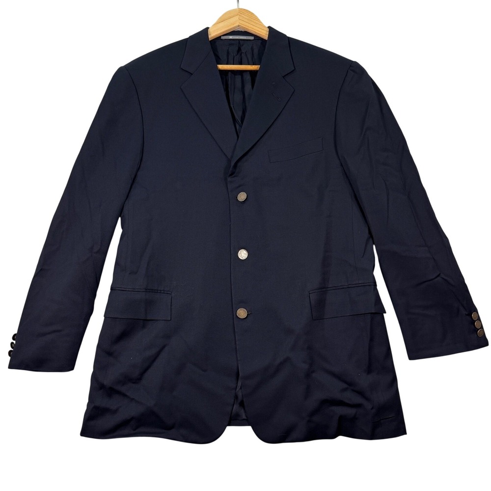 Vintage Hickey Freeman Mens 41R Slim Fit Navy Blazer Wool Cashmere Coin Buttons